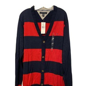 Tommy Hilfiger V Neck Cardigan Red Blue Stripe Swe